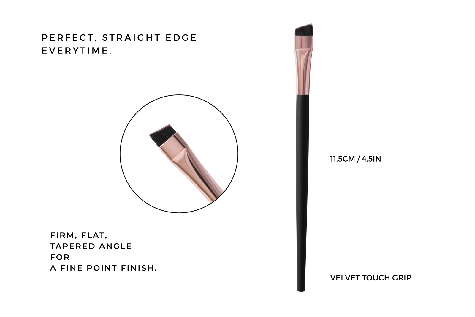 A tapered angle-shaped makeup brush with a rose gold handle and black bristles.