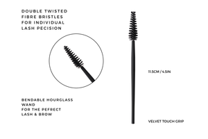 Illustration of a mascara wand with text describing features on a white background