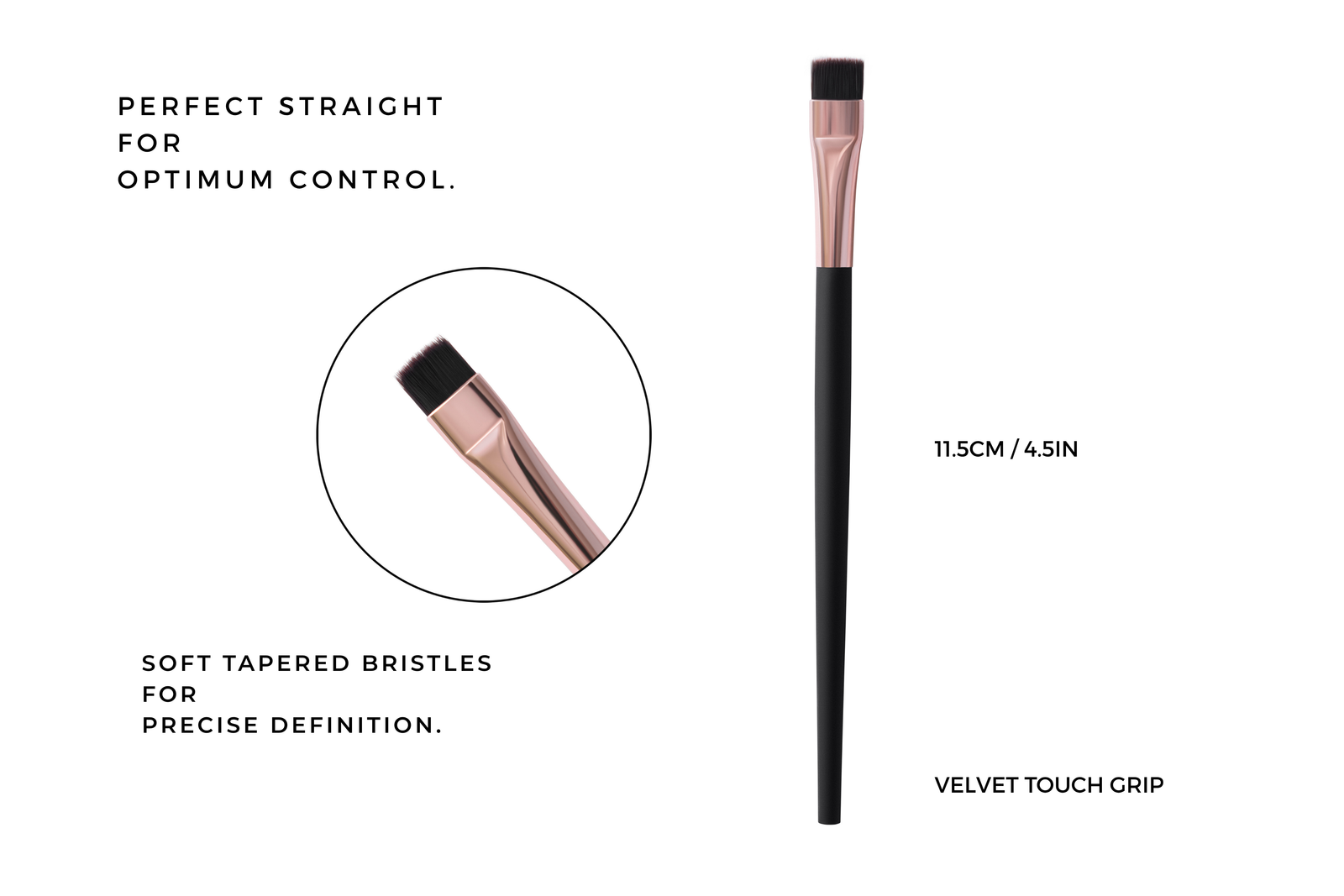 A straight makeup brush with a black handle and black bristles.