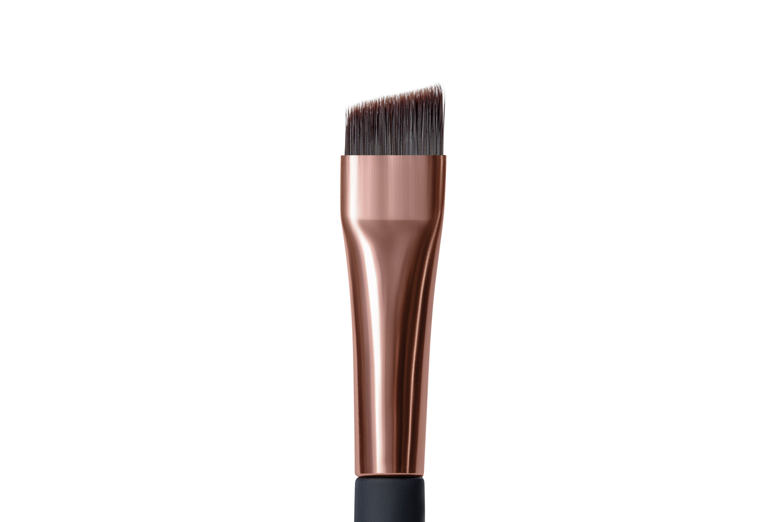 A tapered angle-shaped makeup brush with a rose gold handle and black bristles.